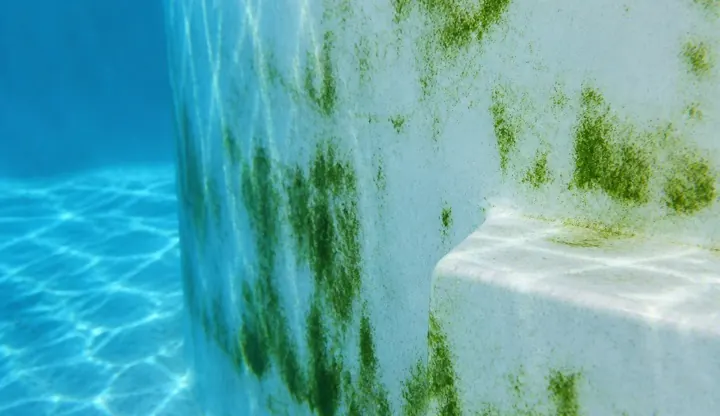 Algae growth on a swimming pool wall