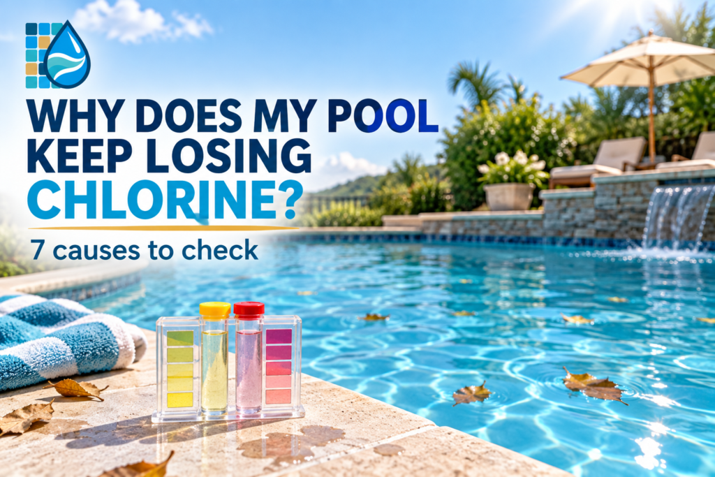 Swimming Pool Resource graphic asking why a pool keeps losing chlorine, with a sunlit backyard pool, floating leaves, and a pool-water test kit.