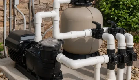 Pool pump and PVC plumbing for checking low water flow